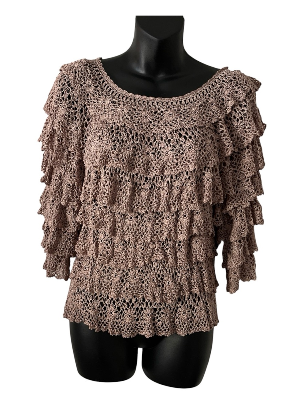 Boston Proper Taupe Crochet bell sleeves ruffled top Sz XS
